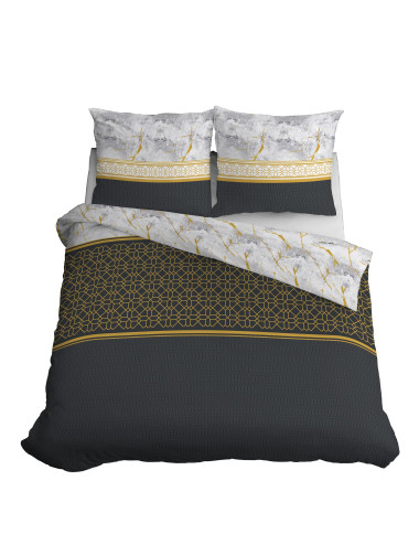 Komplet pościeli bawełnianej 220x200 klasyk grafit-złoto-biel + 2x poszewka 3640 A
