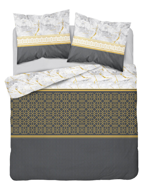 Komplet pościeli bawełnianej 220x200 klasyk grafit-złoto-biel + 2x poszewka 3640 A