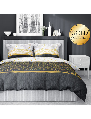 Komplet pościeli bawełnianej 220x200 klasyk grafit-złoto-biel + 2x poszewka 3640 A