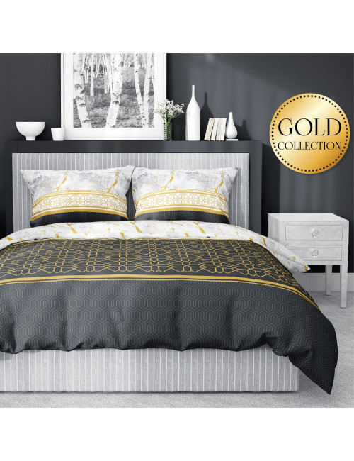 Komplet pościeli bawełnianej 220x200 klasyk grafit-złoto-biel + 2x poszewka 3640 A