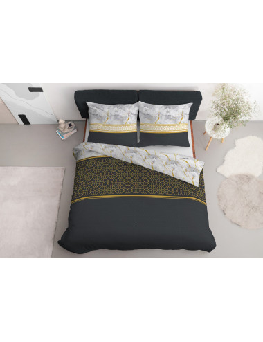 Komplet pościeli bawełnianej 220x200 klasyk grafit-złoto-biel + 2x poszewka 3640 A - 4