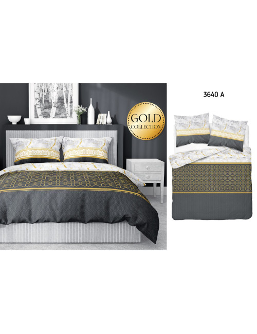 Komplet pościeli bawełnianej 220x200 klasyk grafit-złoto-biel + 2x poszewka 3640 A