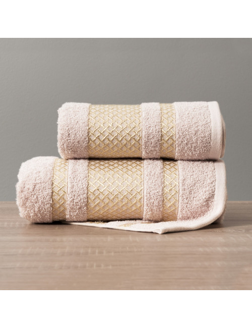 Ręcznik pudrowy róż 50x90 bawełniany LIONEL ze złotą bordiurą 019