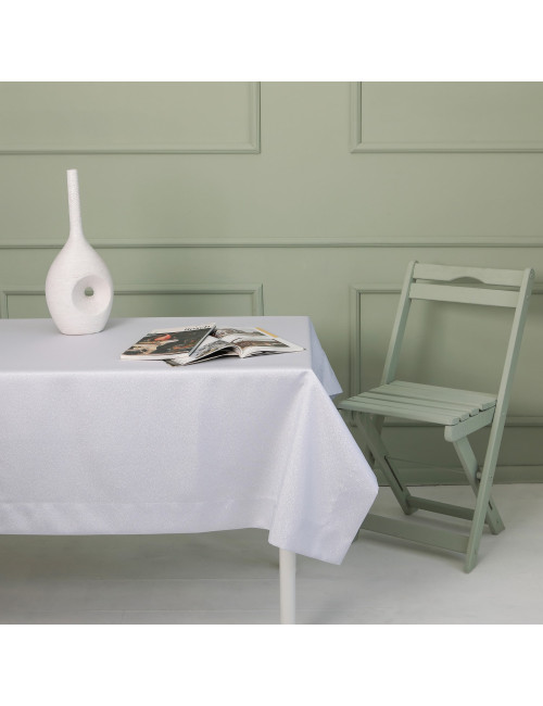 Biały plamoodporny obrus Snow na stół 140x200 Classic Home Bagdad szary rant prostokątny