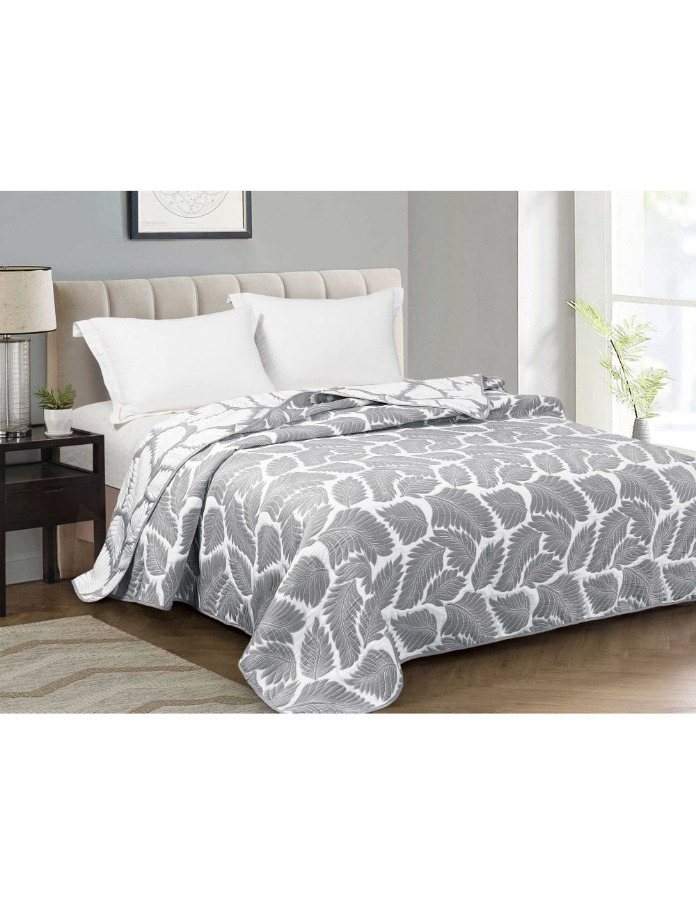 Narzuta na łóżko do sypialni 220x200 ESTERA ciemnoszara liście