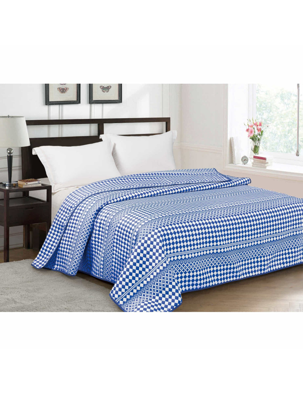 Narzuta na łóżko do sypialni 220x200 KRISS niebieska geometryczny wzór