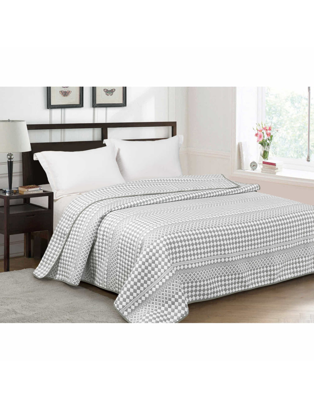 Narzuta na łóżko do sypialni 220x200 KRISS jasnoszara geometryczny wzór