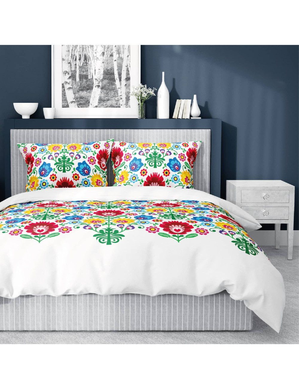 Komplet pościeli bawełnianej 220x200 wzór góralski biały + 2x poszewka 3540 B