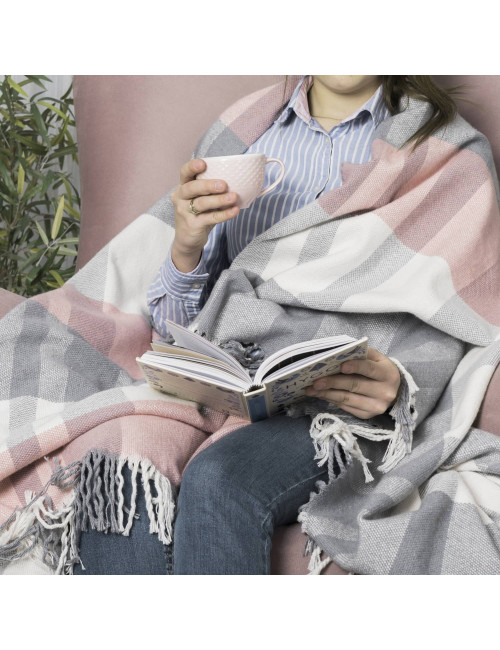 Koc 130x170 SALLY różowo-szary bawełniany