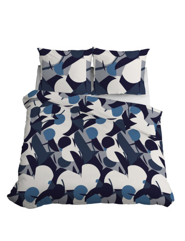 Komplet pościeli bawełnianej 160x200 ornament biel-niebieski-granat-czarny + 2x poszewka 4199 B