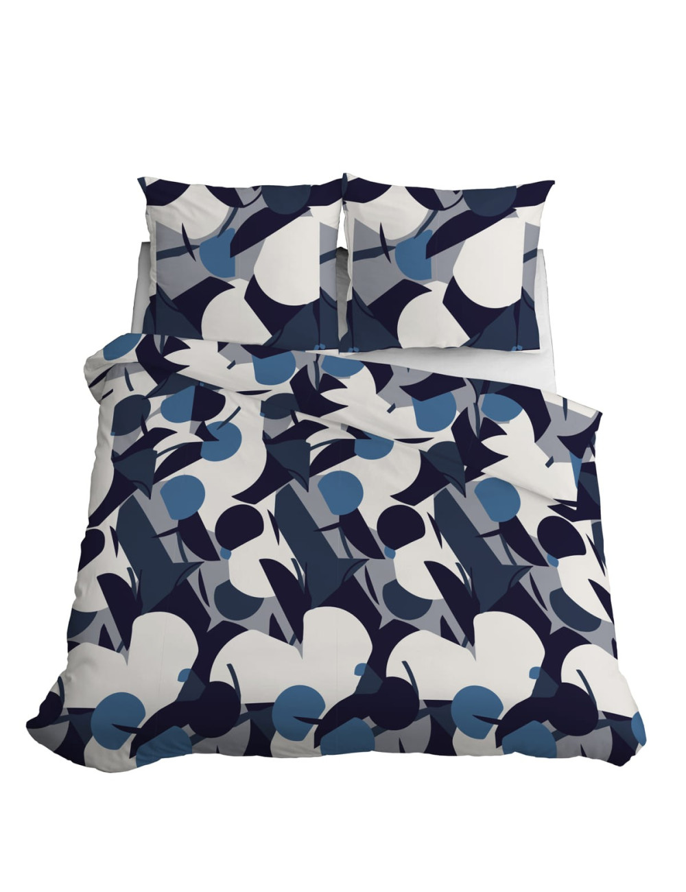 Komplet pościeli bawełnianej 160x200 ornament biel-niebieski-granat-czarny + 2x poszewka 4199 B
