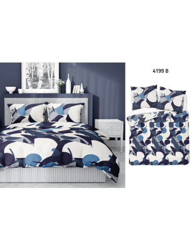 Komplet pościeli bawełnianej 160x200 ornament biel-niebieski-granat-czarny + 2x poszewka 4199 B - 5