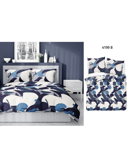Komplet pościeli bawełnianej 160x200 ornament biel-niebieski-granat-czarny + 2x poszewka 4199 B