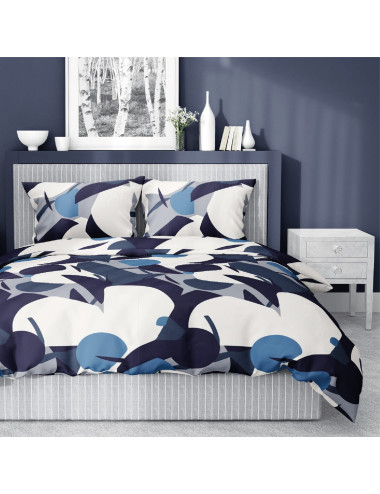 Komplet pościeli bawełnianej 160x200 ornament biel-niebieski-granat-czarny + 2x poszewka 4199 B