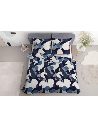 Komplet pościeli bawełnianej 160x200 ornament biel-niebieski-granat-czarny + 2x poszewka 4199 B - 4