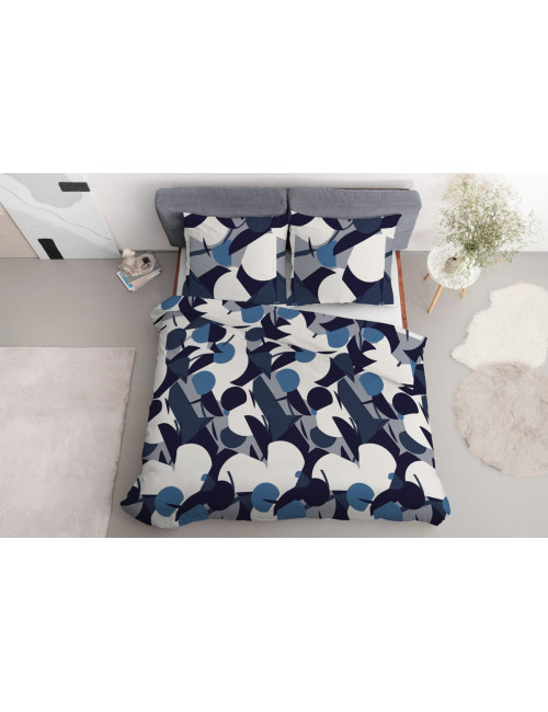Komplet pościeli bawełnianej 160x200 ornament biel-niebieski-granat-czarny + 2x poszewka 4199 B