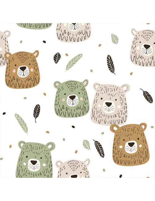 Tkanina zasłonowa misie beżowo zielone 001